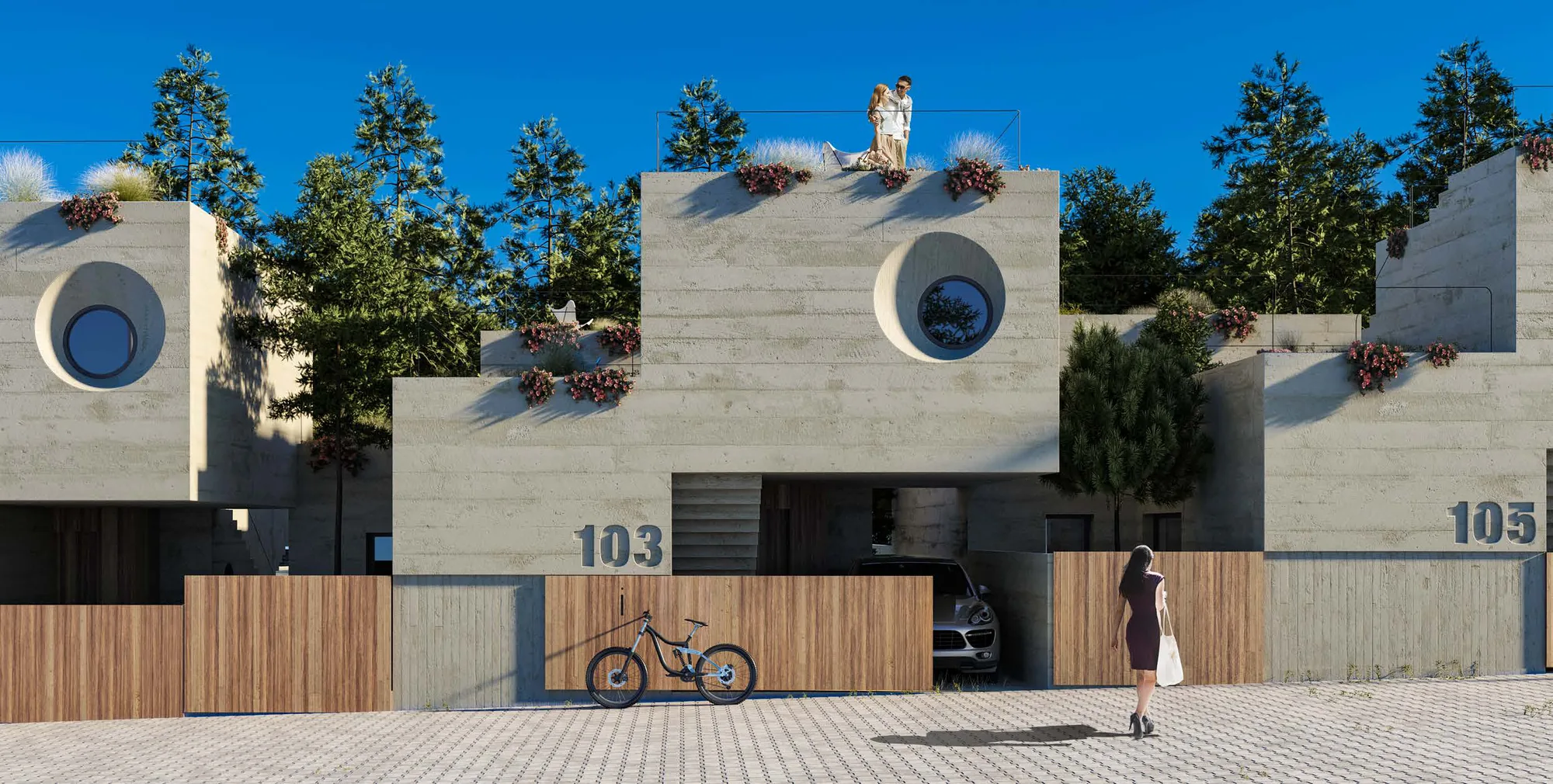 Street façade of two villas showing the staggered concrete volumes