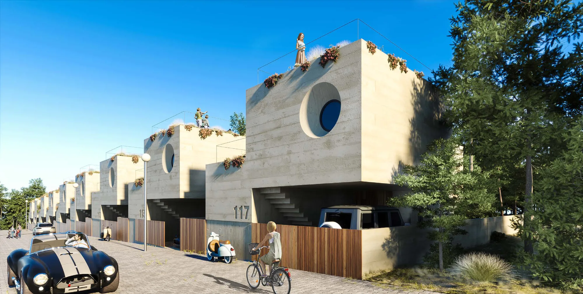 Street view along the row of nine concrete villas