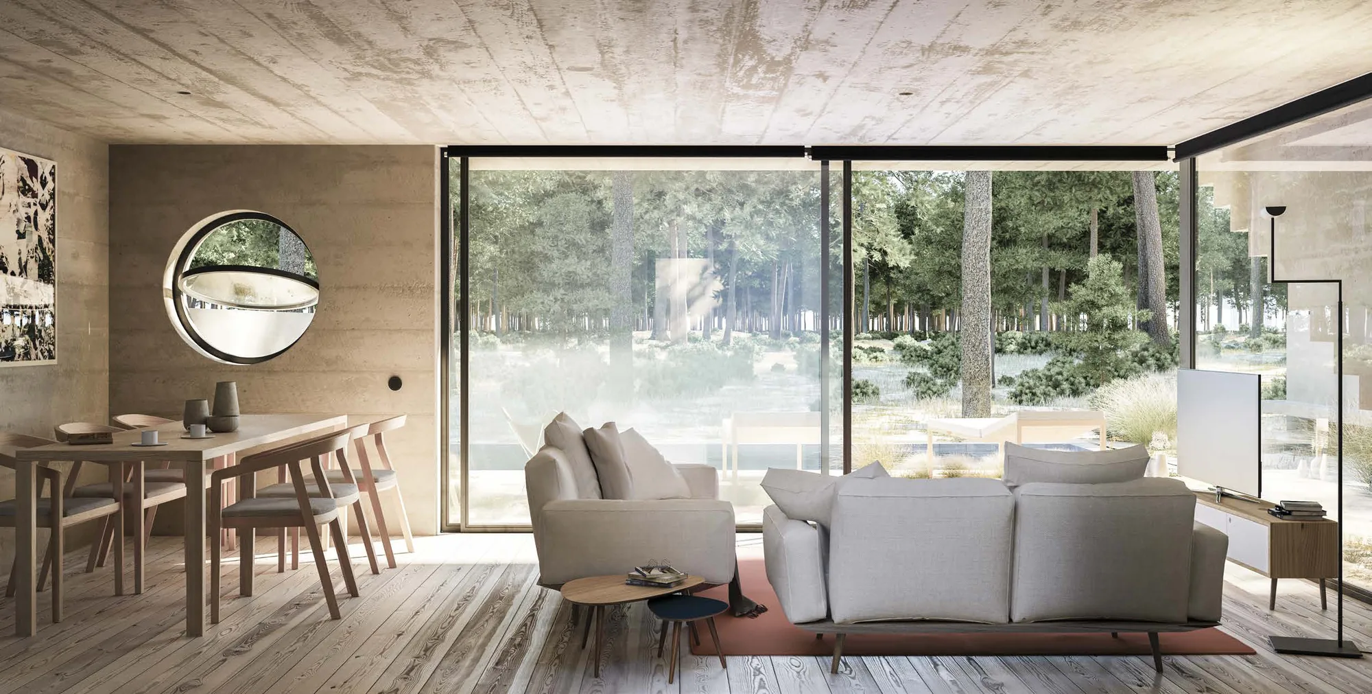 Living and dining room with garden-facing glazing